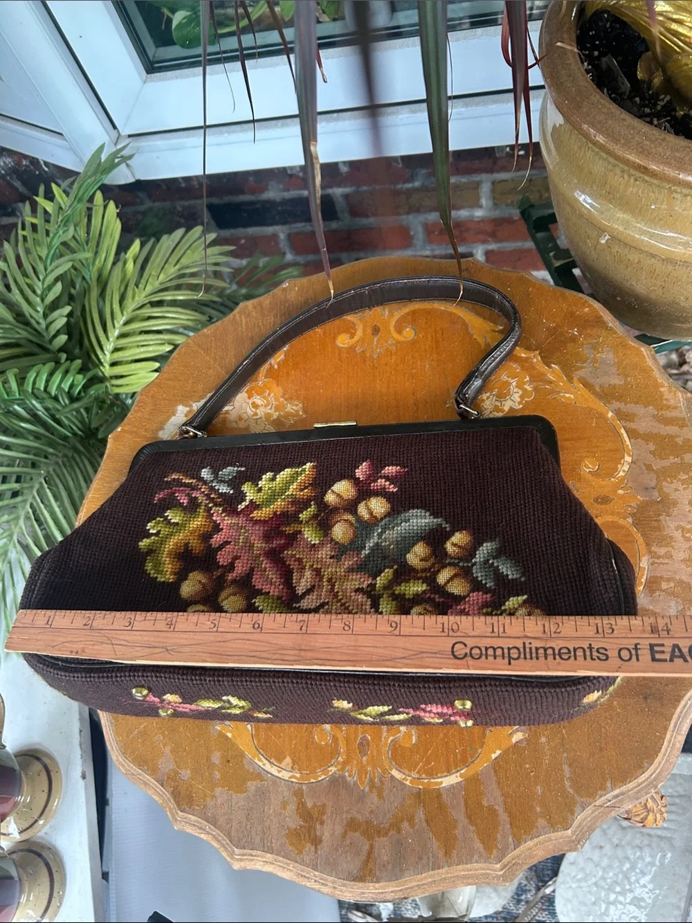 Vintage Brown Floral Leaf & Acorn Needlepoint Handbag